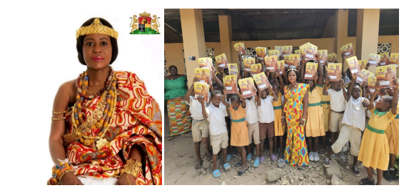 [Her Majesty Queen Adziwonor III official photo and the Queen distributing school supplies to children in the Gbi Traditional Lands.]